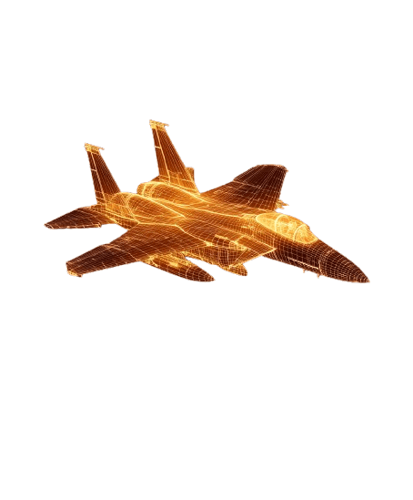Wireframe rendering of a futuristic fighter aircraft in amber